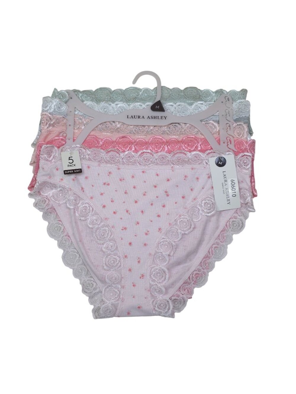 Laura Ashley 5 Pack Super Soft Lace Trim Panties Medium Pink Green Gray - Rayon